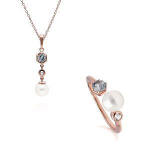 Trendy Pearl, Aquamarine & Topaz Pendant & Ring Set in Rose Gold Plated Silver