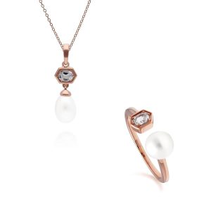 Trendy Pearl & Topaz Pendant & Ring Set in Rose Gold Plated Silver