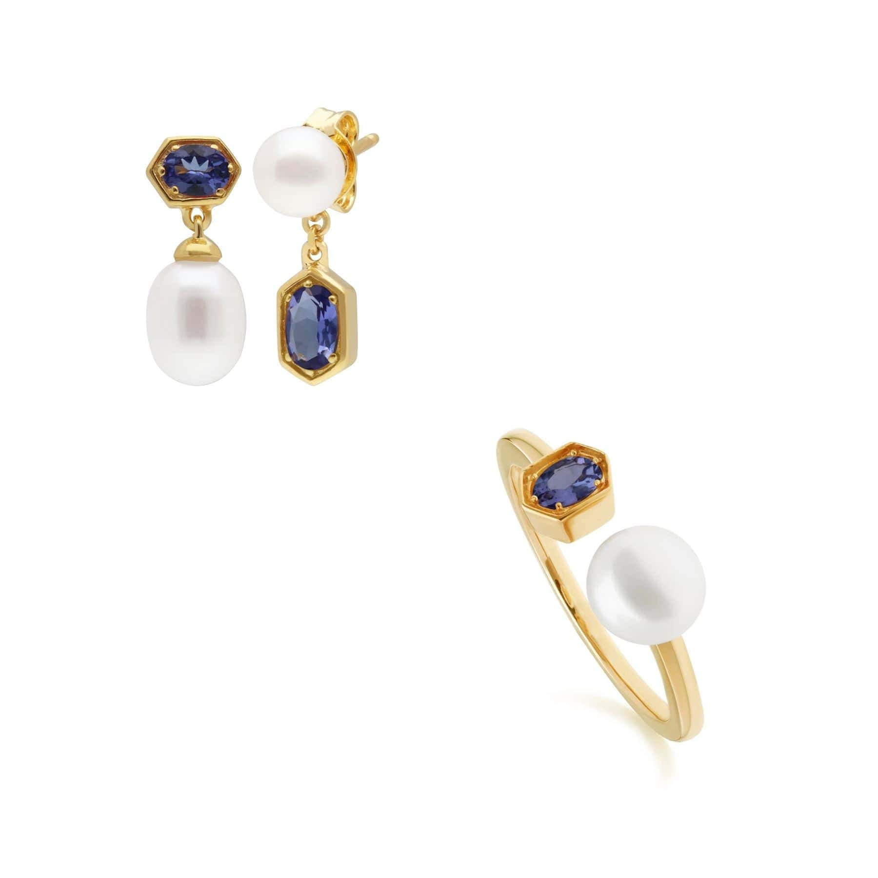 Trendy Pearl & Tanzanite Earring & Ring Set in Gold Plated Silver
