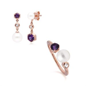 Fashionable Pearl, Amethyst & Topaz Earring & Ring Set in Rose Gold Plated Silver