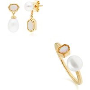 Fashionable Pearl & Opal Earring & Ring Set in Gold Plated Silver