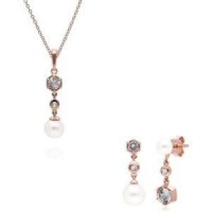 Trendy Pearl & White Topaz Pendant & Earring Set in Rose Gold Plated Silver