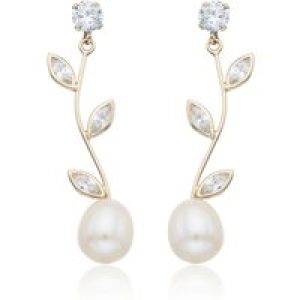 9ct Yellow Gold Cubic Zirconia and Pearl Stem Drop Earrings