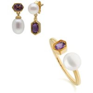 Trendy Pearl & Amethyst Earring & Ring Set in Gold Plated Silver
