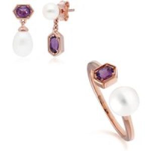 Trendy Pearl & Amethyst Earring & Ring Set in Rose Gold Plated Silver