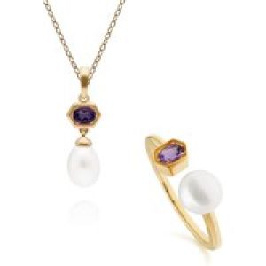 Fashionable Pearl & Amethyst Pendant & Ring Set in Gold Plated Silver