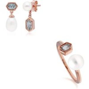 Fashionable Pearl & Aquamarine Earring & Ring Set in Rose Gold Plated Silver