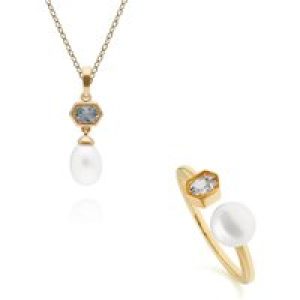 Trendy Pearl & Aquamarine Pendant & Ring Set in Gold Plated Silver