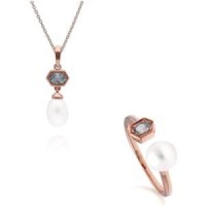 Trendy Pearl & Aquamarine Pendant & Ring Set in Rose Gold Plated Silver