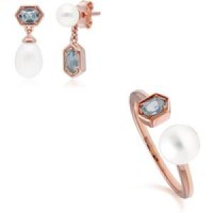 Trendy Pearl & Blue Topaz Earring & Ring Set in Rose Gold Plated Silver