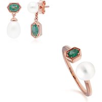 Trendy Pearl & Emerald Earring & Ring Set in Rose Gold Plated Silver - Image 2