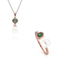 Trendy Pearl & Emerald Pendant & Ring Set in Rose Gold Plated Silver - Image 2