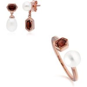 Trendy Pearl & Garnet Earring & Ring Set in Rose Gold Plated Silver