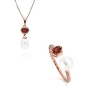 Fashionable Pearl & Garnet Pendant & Ring Set in Rose Gold Plated Silver
