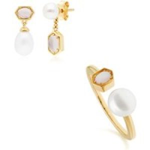 Fashionable Pearl & Moonstone Earring & Ring Set in Gold Plated Silver