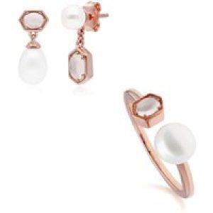 Trendy Pearl & Moonstone Earring & Ring Set in Rose Gold Plated Silver