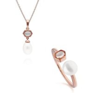 Fashionable Pearl & Moonstone Pendant & Ring Set in Rose Gold Plated Silver