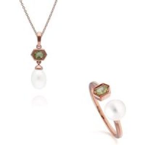 Trendy Pearl & Peridot Pendant & Ring Set in Rose Gold Plated Silver