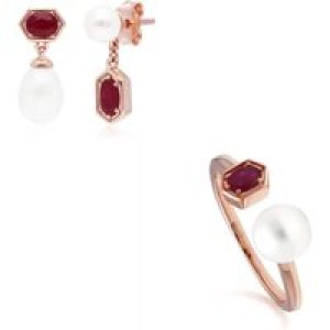 Fashionable Pearl & Ruby Earring & Ring Set in Rose Gold Plated Silver