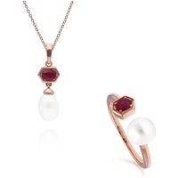Trendy Pearl & Ruby Pendant & Ring Set in Rose Gold Plated Silver - Image 2