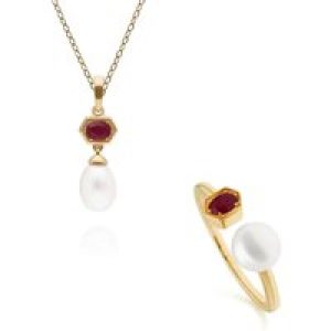 Trendy Pearl & Ruby Ring & Pendant Set in Gold Plated Silver