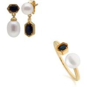 Trendy Pearl & Sapphire Earring & Ring Set in Gold Plated Silver