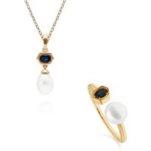 Fashionable Pearl & Sapphire Pendant & Ring Set in Gold Plated Silver