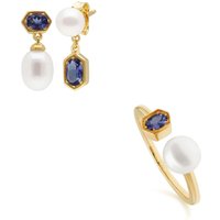 Trendy Pearl & Tanzanite Earring & Ring Set in Gold Plated Silver - Image 2