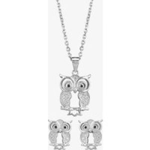 Silver Cubic Zirconia Owl Pendant and Earring Set E615090+P614130