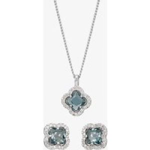 Silver Blue Cubic Zirconia Flower Pendant and Earring Set E613042+SS50-P