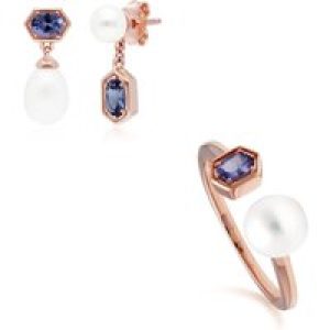 Trendy Pearl & Tanzanite Earring & Ring Set in Rose Gold Plated Silver