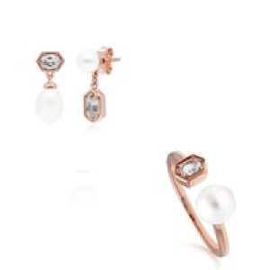 Trendy Pearl & Topaz Earring & Ring Set in Rose Gold Plated Silver