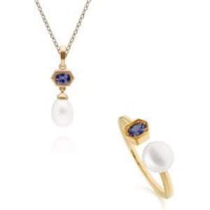 Trendy Pearl & Tanzanite Pendant & Ring Set in Gold Plated Silver