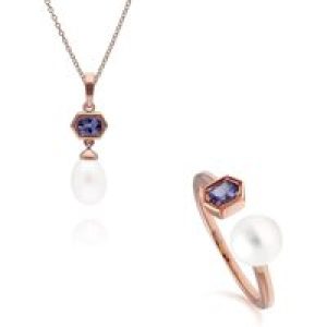 Fashionable Pearl & Tanzanite Pendant & Ring Set in Rose Gold Plated Silver