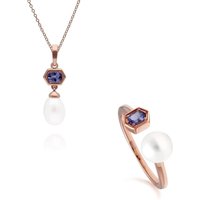Fashionable Pearl & Tanzanite Pendant & Ring Set in Rose Gold Plated Silver - Image 2