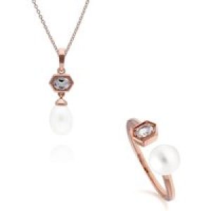 Trendy Pearl & Topaz Pendant & Ring Set in Rose Gold Plated Silver