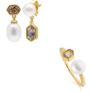Trendy Pearl & Topaz Earring & Ring Set in Gold Plated Silver