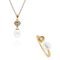 Trendy Pearl & Topaz Pendant & Ring Set in Gold Plated Silver - Image 2