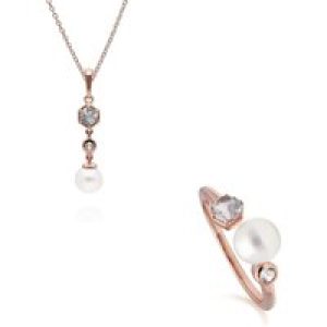 Trendy Pearl & White Topaz Pendant & Ring Set in Rose Gold Plated Silver