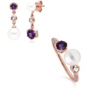 Fashionable Pearl, Amethyst & Topaz Earring & Ring Set in Rose Gold Plated Silver