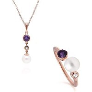 Trendy Pearl, Amethyst & Topaz Pendant & Ring Set in Rose Gold Plated Silver