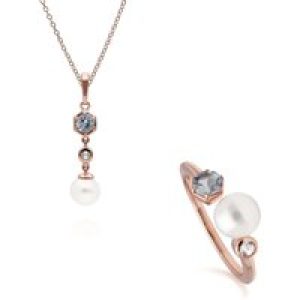 Trendy Pearl, Aquamarine & Topaz Pendant & Ring Set in Rose Gold Plated Silver