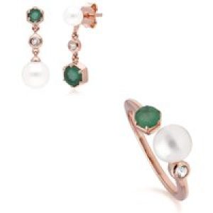 Fashionable Pearl, Emerald & Topaz Earring & Ring Set in Rose Gold Plated Silver