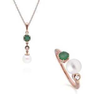 Trendy Pearl, Emerald & Topaz Pendant & Ring Set in Rose Gold Plated Silver