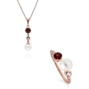 Trendy Pearl, Garnet & Topaz Pendant & Ring Set in Rose Gold Plated Silver