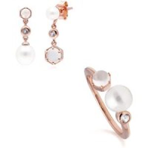 Fashionable Pearl, Moonstone & Topaz Earring & Ring Set in Rose Gold Plated Silver