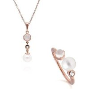 Trendy Pearl, Moonstone & Topaz Pendant & Ring Set in Rose Gold Plated Silver