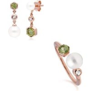 Fashionable Pearl, Peridot & Topaz Earring & Ring Set in Rose Gold Plated Silver