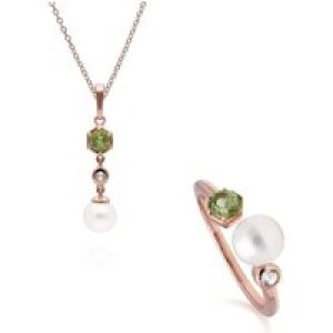 Trendy Pearl, Peridot & Topaz Pendant & Ring Set in Rose Gold Plated Silver
