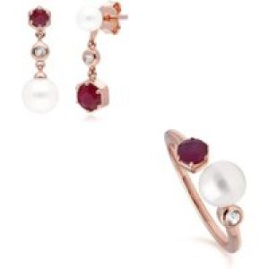 Trendy Pearl, Ruby & Topaz Earring & Ring Set in Rose Gold Plated Silver